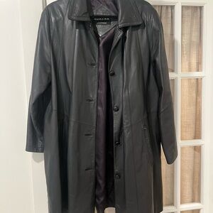 Morena Genuine Leather Trench Coat Women’s Large Black Longline Button Jacket